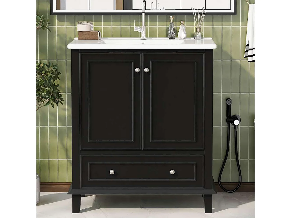 Mueble de baño 73x46x87cm, patas de madera maciza + MDF, resistente al agua, gran espacio de almacenamiento, lavabo de cerámica integrado