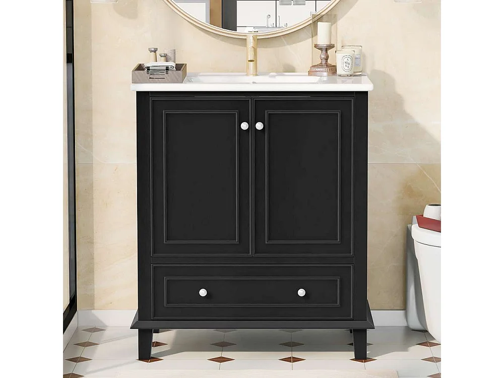 Mueble de baño 73x46x87cm, patas de madera maciza + MDF, resistente al agua, gran espacio de almacenamiento, lavabo de cerámica integrado