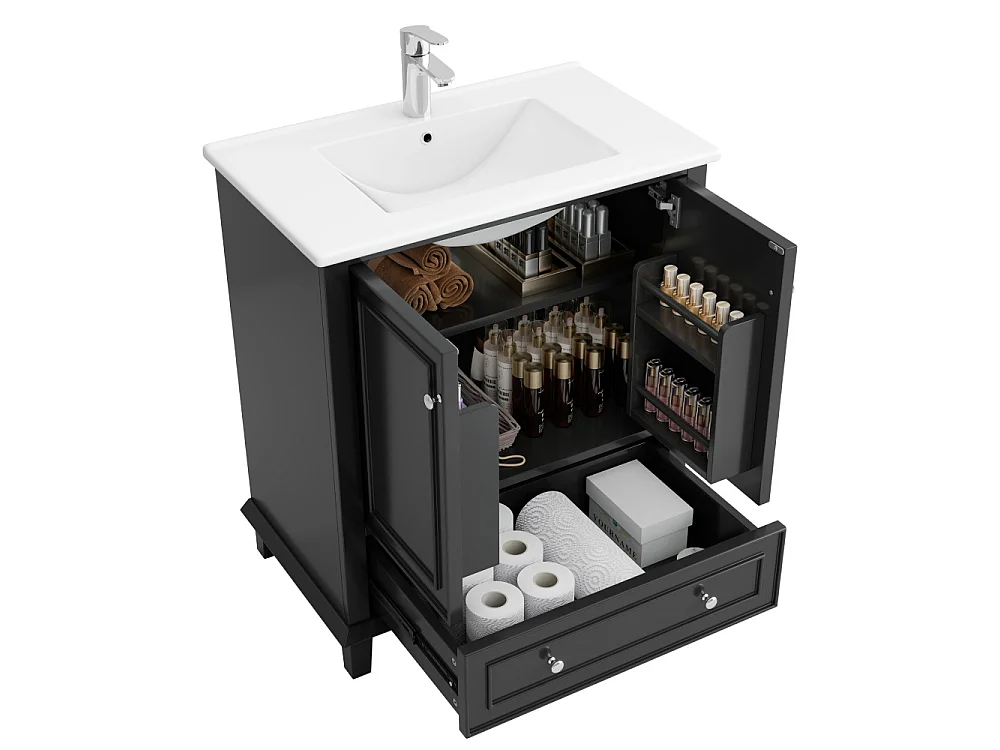 Mueble de baño 73x46x87cm, patas de madera maciza + MDF, resistente al agua, gran espacio de almacenamiento, lavabo de cerámica integrado