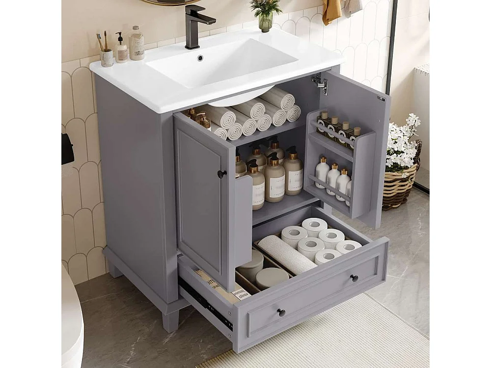 Meuble de salle de bain 73x46x87cm, pieds en bois massif + MDF, étanche, grand espace de rangement, vasque en céramique intégrée
