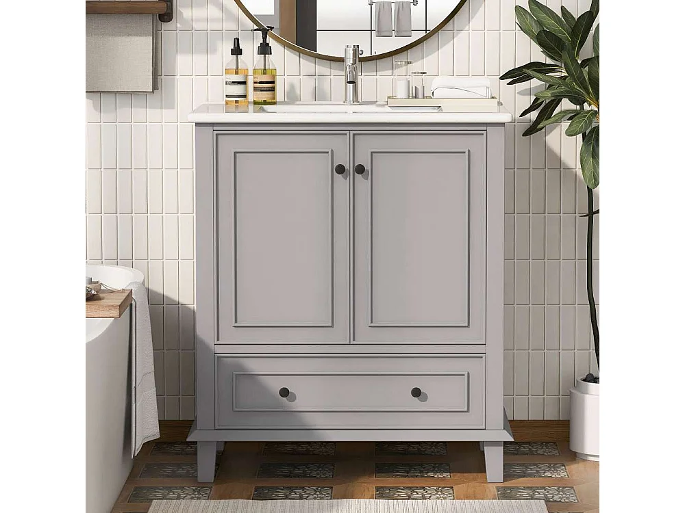 Meuble de salle de bain 73x46x87cm, pieds en bois massif + MDF, étanche, grand espace de rangement, vasque en céramique intégrée