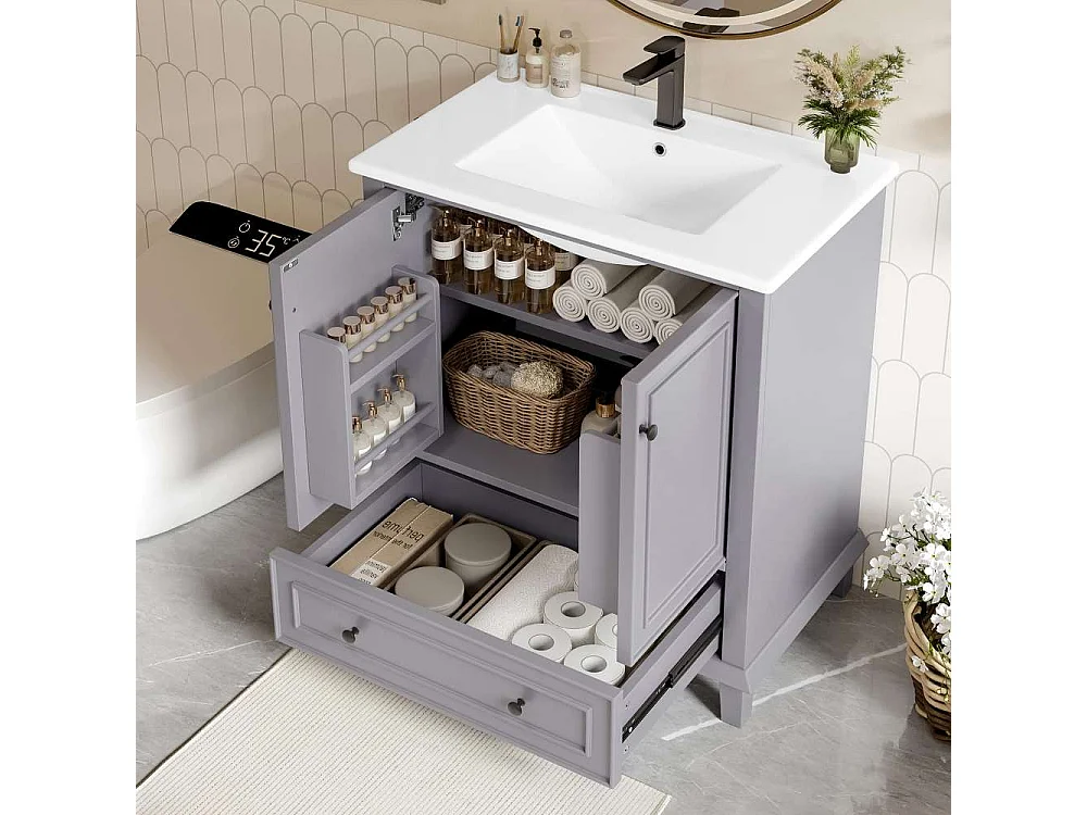 Meuble de salle de bain 73x46x87cm, pieds en bois massif + MDF, étanche, grand espace de rangement, vasque en céramique intégrée