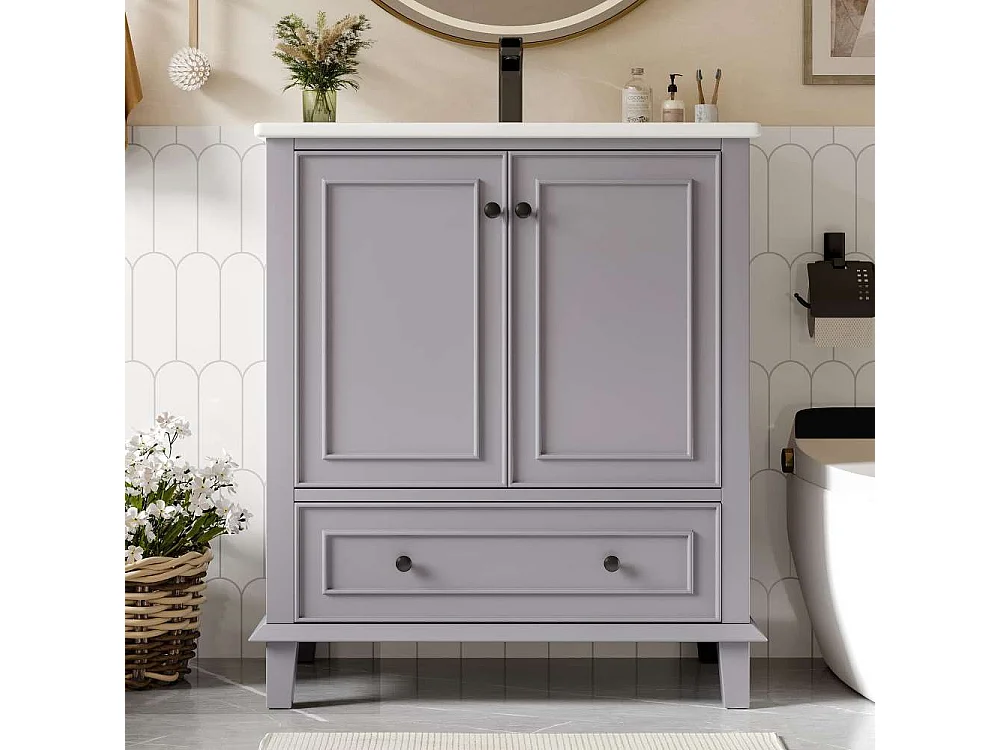 Meuble de salle de bain 73x46x87cm, pieds en bois massif + MDF, étanche, grand espace de rangement, vasque en céramique intégrée