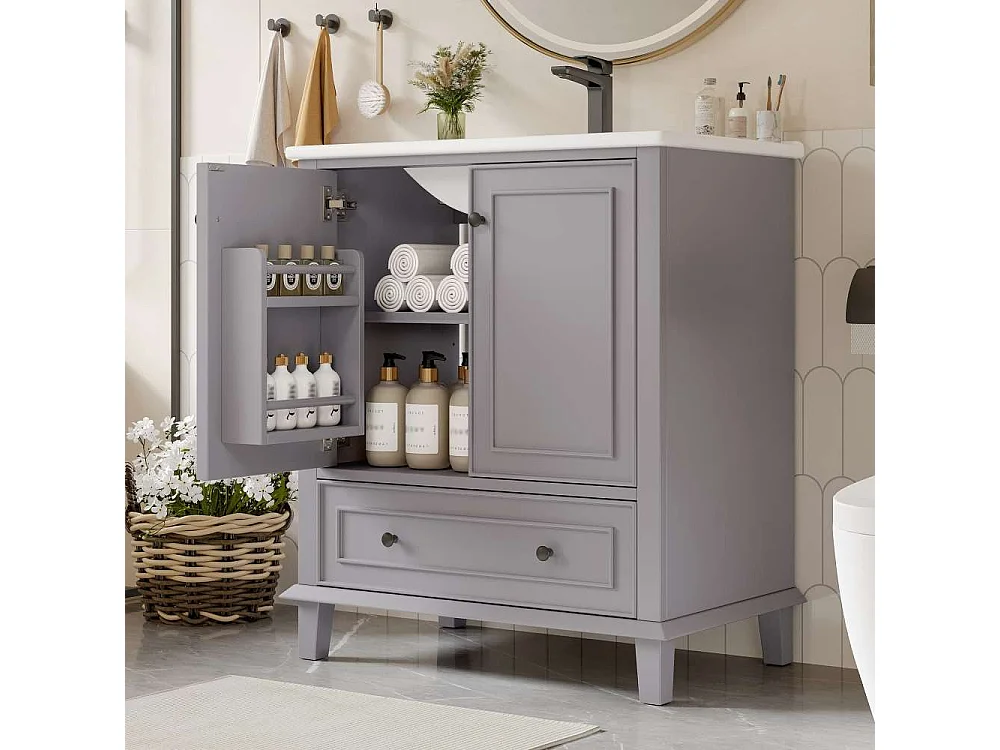 Meuble de salle de bain 73x46x87cm, pieds en bois massif + MDF, étanche, grand espace de rangement, vasque en céramique intégrée