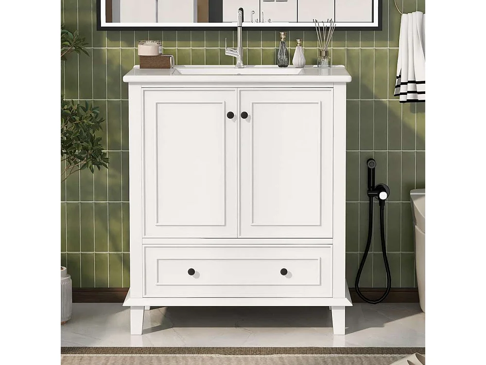 Badezimmermöbel 73 x 46 x 87 cm, Beine aus MDF-Massivholz, wasserdicht, großer Stauraum, integriertes Waschbecken aus Keramik