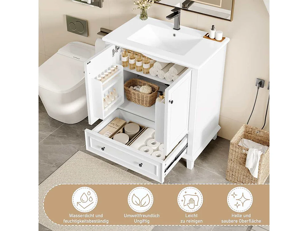 Badezimmermöbel 73 x 46 x 87 cm, Beine aus MDF-Massivholz, wasserdicht, großer Stauraum, integriertes Waschbecken aus Keramik
