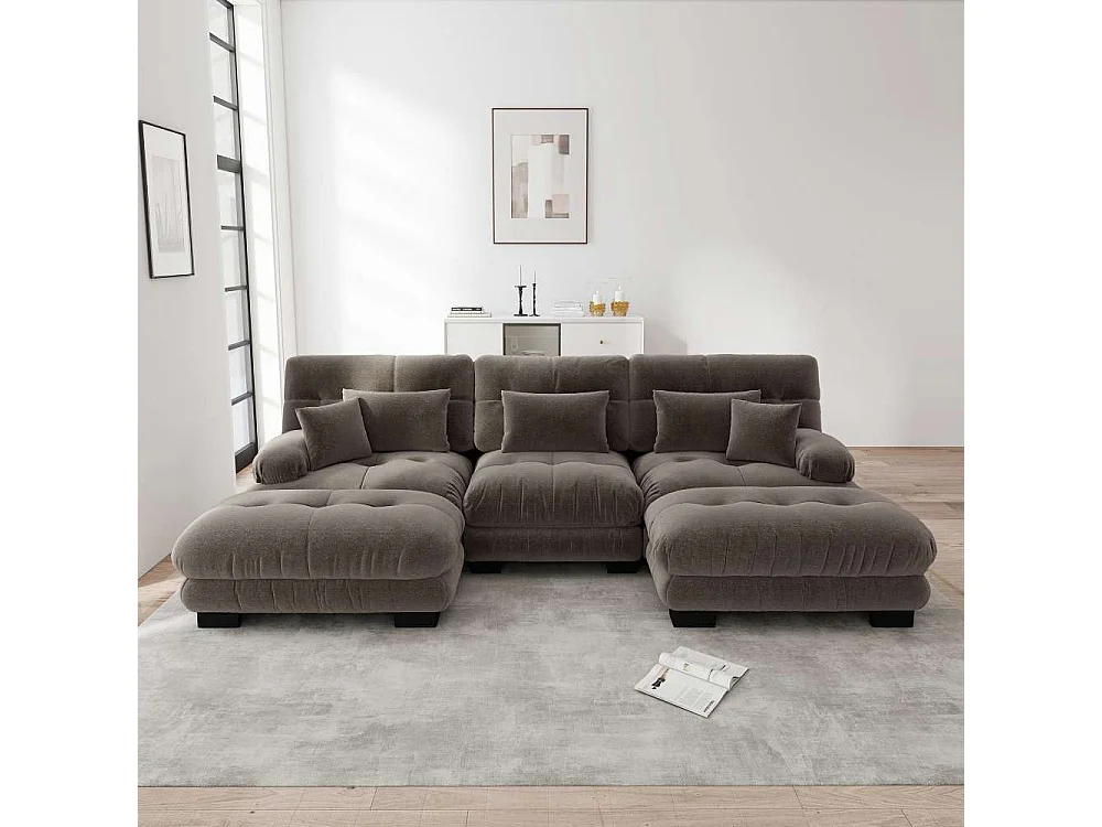 Modulaire U-vormige XXL-bank met diepe zitting, uitklapbare hoekbank met verrijdbare voetenbank in cloud comfort chenille voor woonkamer
