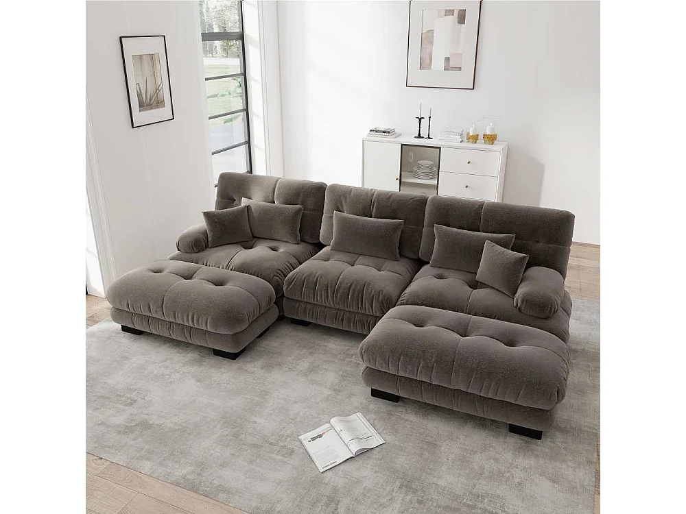 Modulaire U-vormige XXL-bank met diepe zitting, uitklapbare hoekbank met verrijdbare voetenbank in cloud comfort chenille voor woonkamer