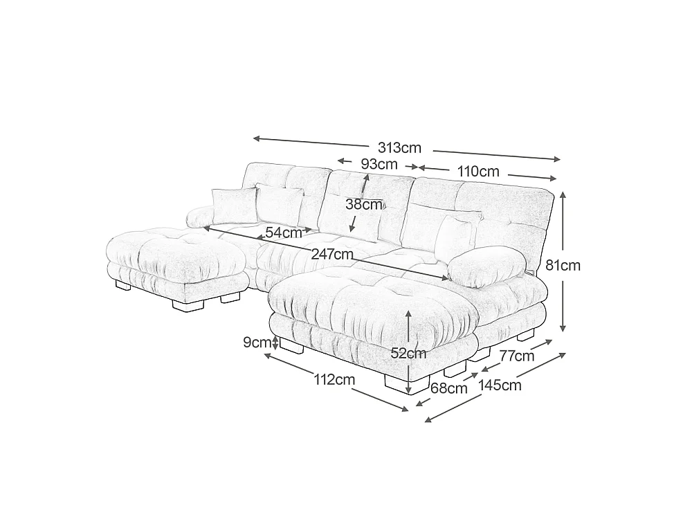 Modulaire U-vormige XXL-bank met diepe zitting, uitklapbare hoekbank met verrijdbare voetenbank in cloud comfort chenille voor woonkamer