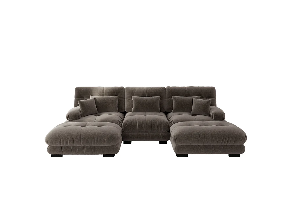 Modulaire U-vormige XXL-bank met diepe zitting, uitklapbare hoekbank met verrijdbare voetenbank in cloud comfort chenille voor woonkamer