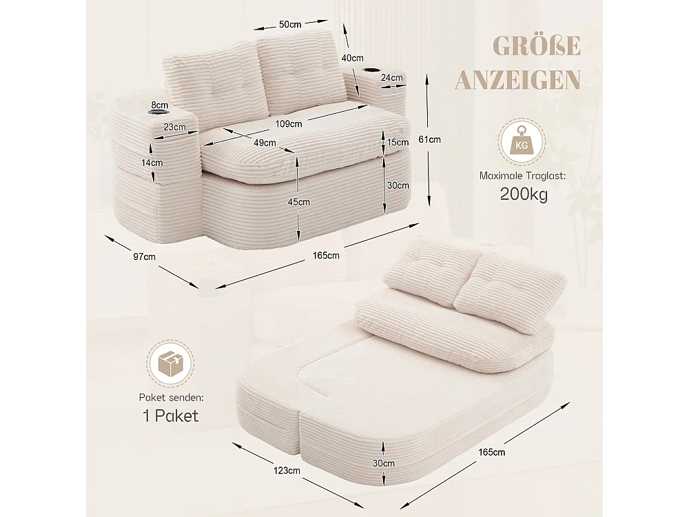 2-Sitzer-Sofabett aus Cord mit Relaxfunktion, verstellbaren Armlehnen und Getränkehaltern