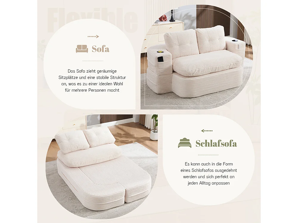 2-Sitzer-Sofabett aus Cord mit Relaxfunktion, verstellbaren Armlehnen und Getränkehaltern