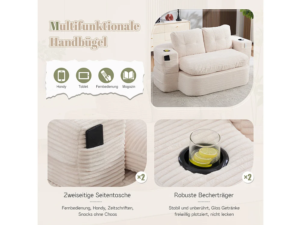 2-Sitzer-Sofabett aus Cord mit Relaxfunktion, verstellbaren Armlehnen und Getränkehaltern