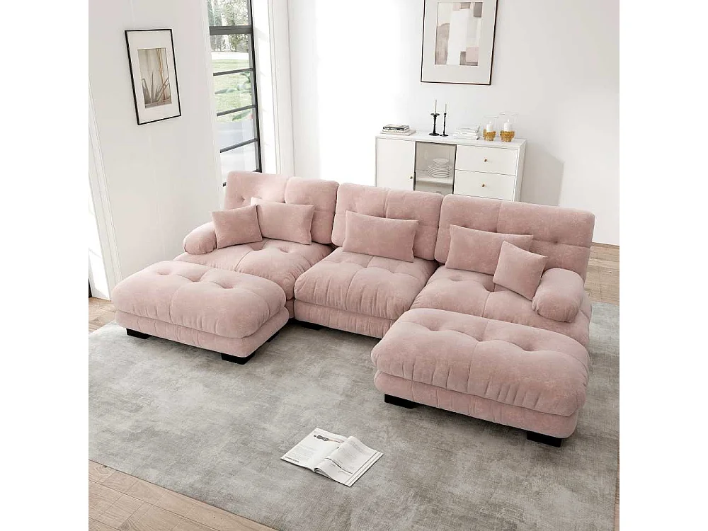 Modulaire U-vormige XXL-bank met diepe zitting, uitklapbare hoekbank met verrijdbare voetenbank in cloud comfort chenille voor woonkamer