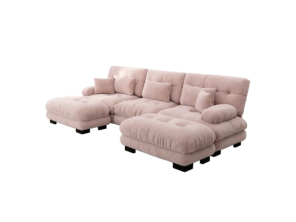 Modulaire U-vormige XXL-bank met diepe zitting, uitklapbare hoekbank met verrijdbare voetenbank in cloud comfort chenille voor woonkamer