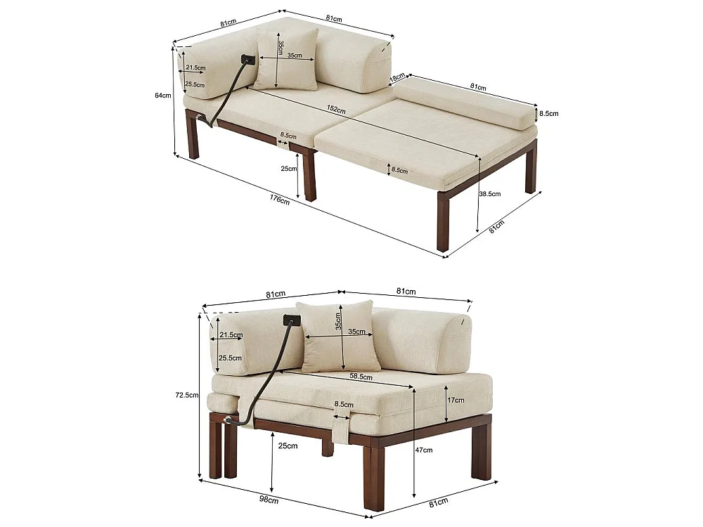 Canapé-lit pliant en bois massif – Convertible simple, design multifonctionnel et gain de place
