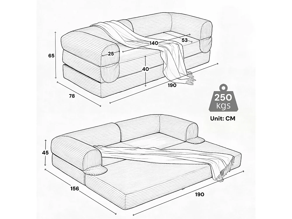 2-Sitzer-Sofabett aus Cord, in ein Doppelbett umwandelbares Sofa, kompakter Futon für Wohnzimmer und Gästezimmer