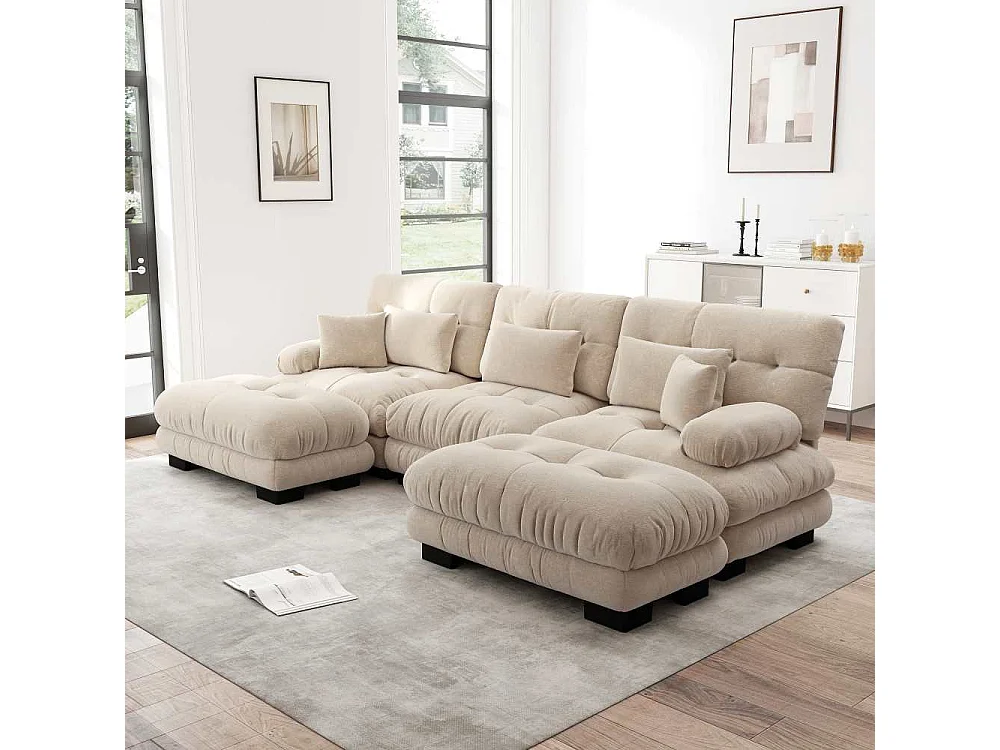 Modulares U-förmiges XXL-Sofa mit tiefer Sitzfläche, umwandelbares Ecksofa mit mobiler Ottomane aus Cloud-Comfort-Chenille für das Wohnzimmer