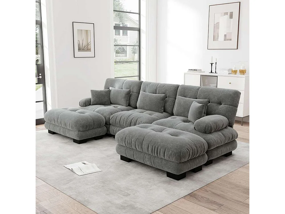 Canapé modulable U forme XXL avec assise profonde, canapé d’angle convertible avec ottoman mobile en chenille confort nuage pour salon