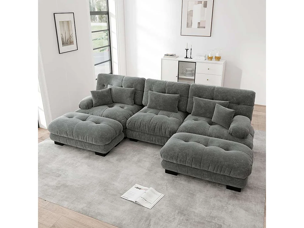 Canapé modulable U forme XXL avec assise profonde, canapé d’angle convertible avec ottoman mobile en chenille confort nuage pour salon