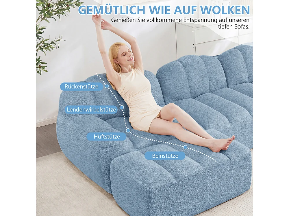 Canapé modulaire 4 places, forme en coquillage, sans armature, mousse haute densité 32D, assise très confortable, tissu moelleux, salon
