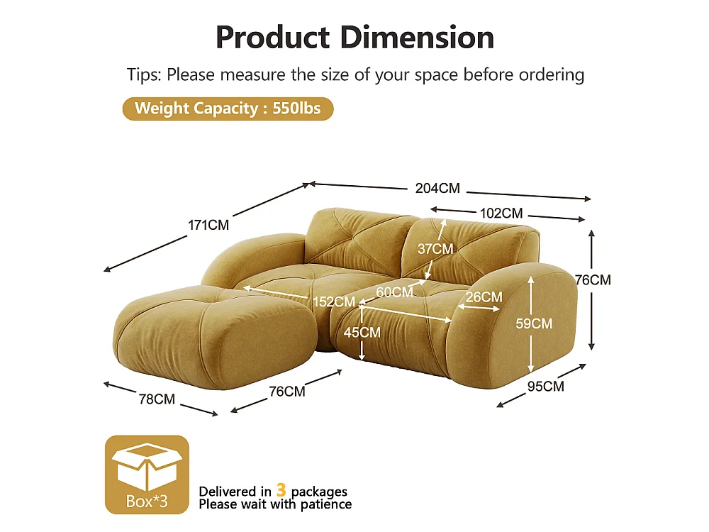 Sofa Modulaire 2 Places 32D Chenille Doux Sans Cadre avec Hocker, Design Antidérapant, Confort Lounge Moderne