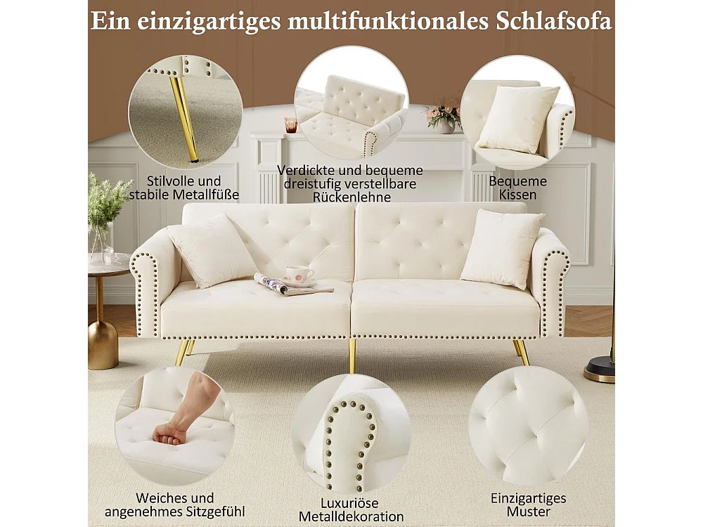 Zweisitzer-Samtsofa im modernen Stil – verstellbare Rückenlehne, goldene Beine, umwandelbar in ein Bett