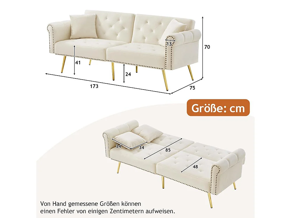 Zweisitzer-Samtsofa im modernen Stil – verstellbare Rückenlehne, goldene Beine, umwandelbar in ein Bett