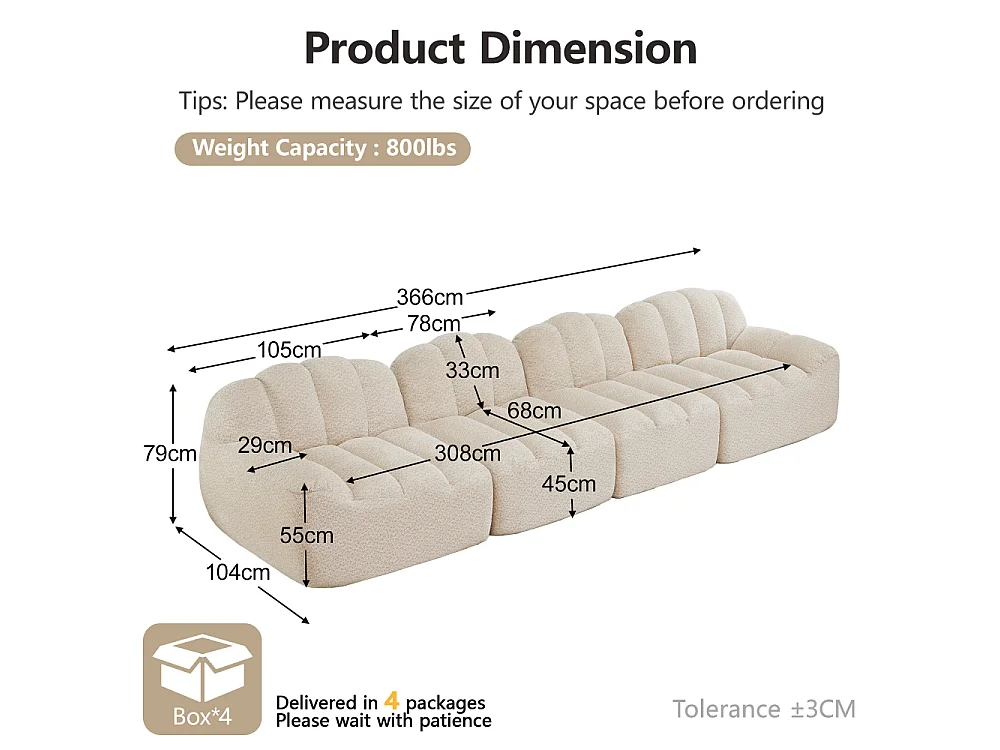 4-Sitzer-Modulsofa, Schalenform, ohne Rahmen, 32D-Schaumstoff mit hoher Dichte, sehr bequemer Sitz, bequemer, weicher Stoff, Wohnzimmer