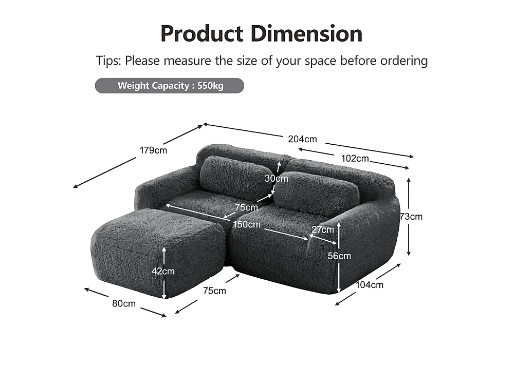 L-Sofa 2 places modulaire en tissu peluche doux mousse haute résilience 32D sans montage design flexible gain de place petits espaces
