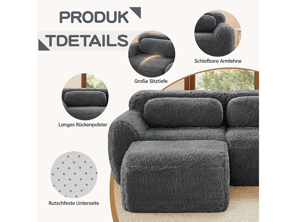 L-Sofa 2 places modulaire en tissu peluche doux mousse haute résilience 32D sans montage design flexible gain de place petits espaces