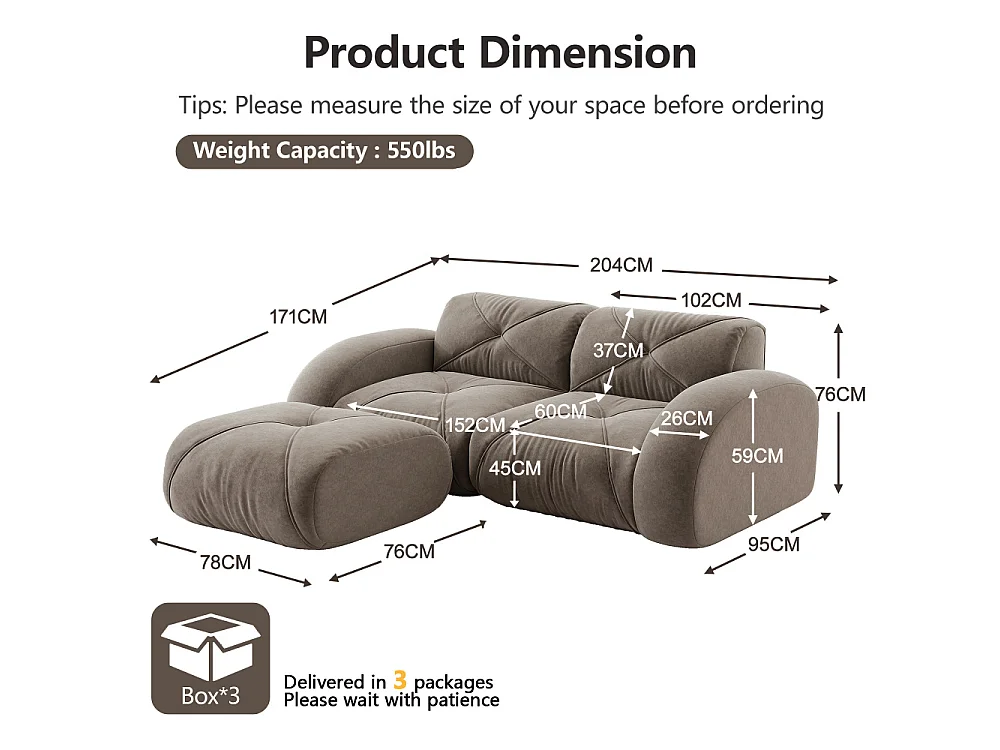 2-Sitzer-32D-Chenille-weiches, rahmenloses, modulares Sofa mit Hocker, rutschfestes Design, moderner Lounge-Komfort
