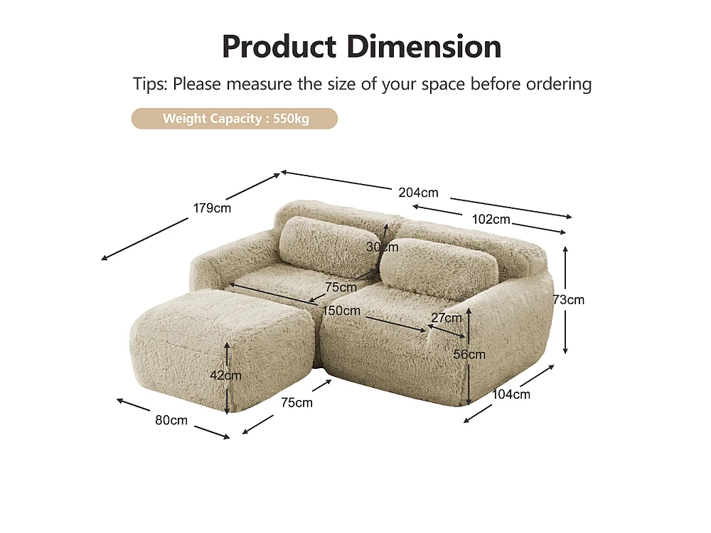 Modulares 2-Sitzer-L-Sofa aus weichem, plüschigem, hochelastischem 32D-Schaumstoff ohne Montage, flexibles Design, platzsparend, wenig Platz
