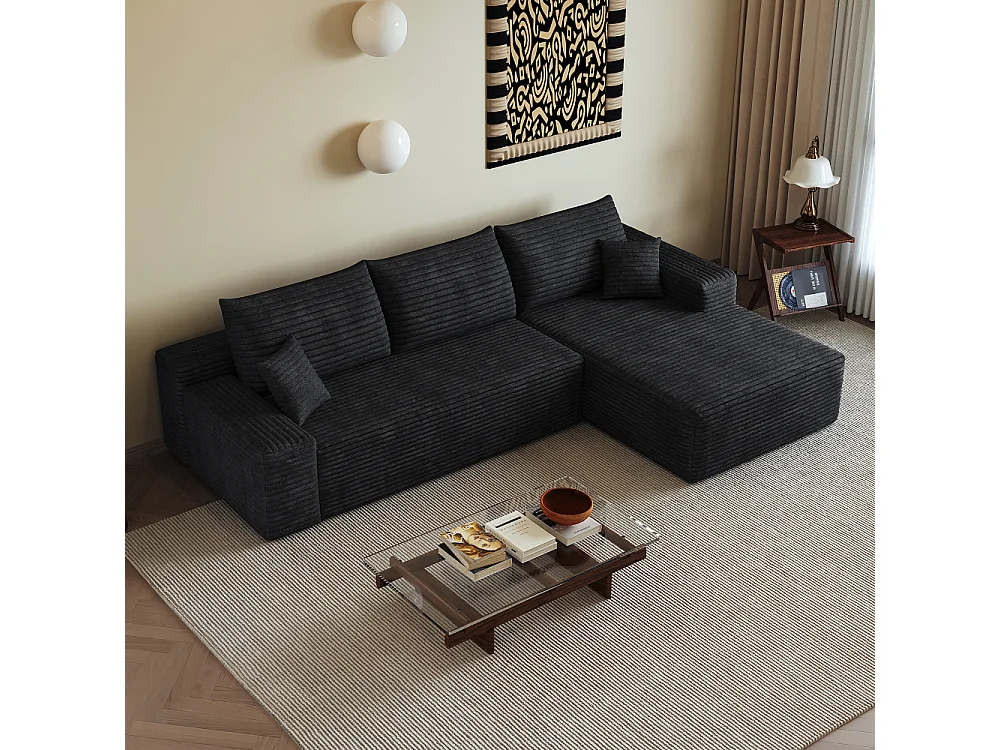 Canapé d'angle modulaire 270 cm en velours côtelé, méridienne en L, assise profonde, sans montage