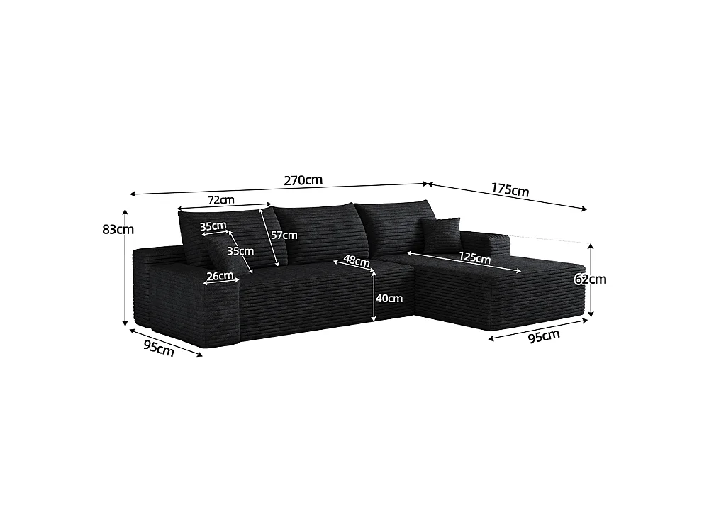 Canapé d'angle modulaire 270 cm en velours côtelé, méridienne en L, assise profonde, sans montage
