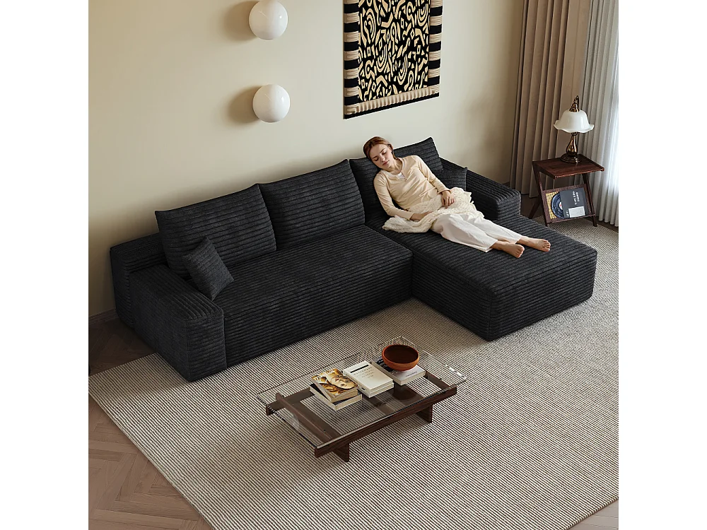 Canapé d'angle modulaire 270 cm en velours côtelé, méridienne en L, assise profonde, sans montage
