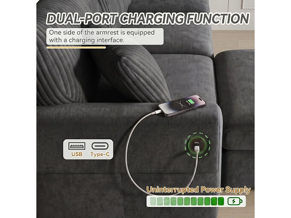 Canapé Moderne Chenille et Velours Côtelé avec Pouf USB Type-C et Coussins 223 cm
