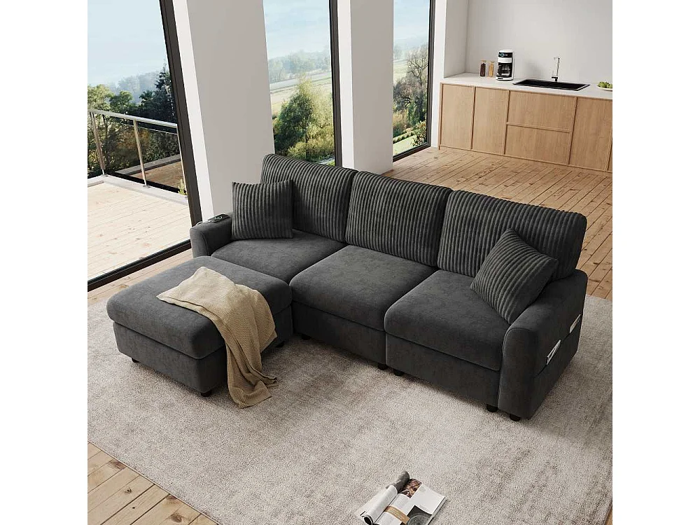 Canapé Moderne Chenille et Velours Côtelé avec Pouf USB Type-C et Coussins 223 cm