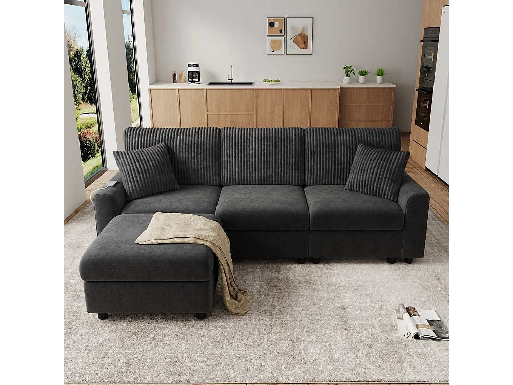 Canapé Moderne Chenille et Velours Côtelé avec Pouf USB Type-C et Coussins 223 cm