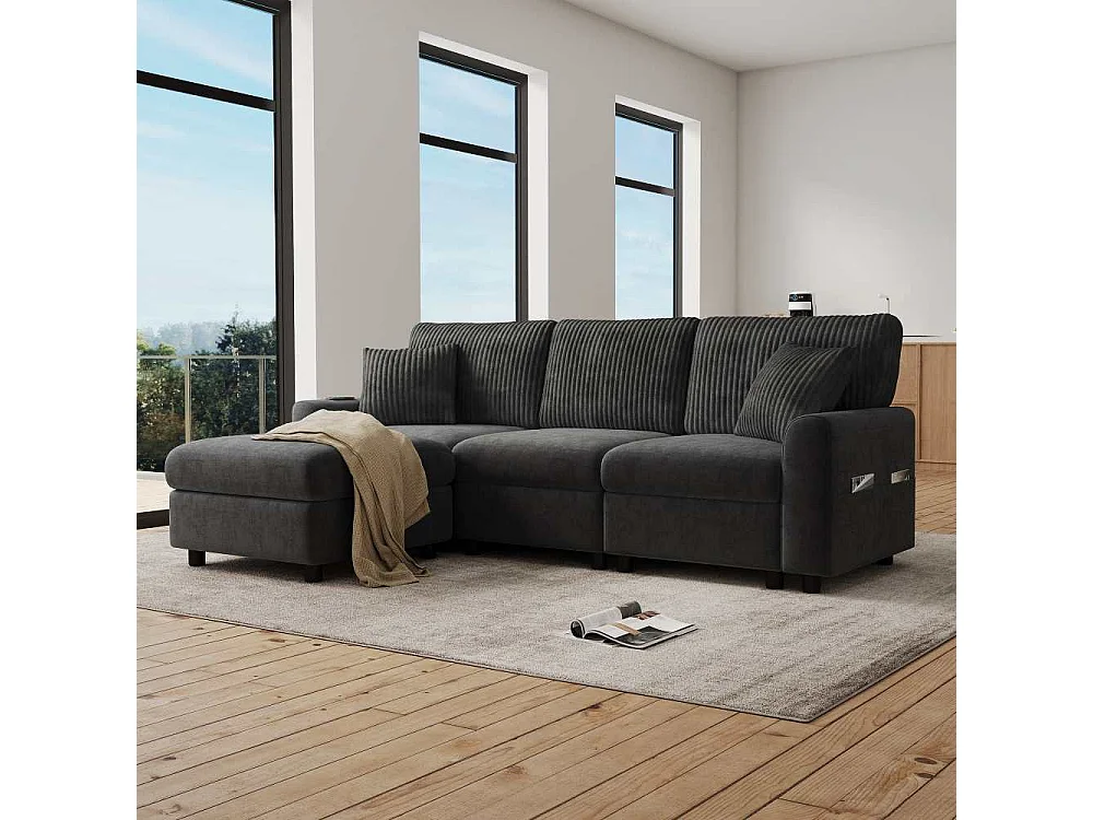 Canapé Moderne Chenille et Velours Côtelé avec Pouf USB Type-C et Coussins 223 cm