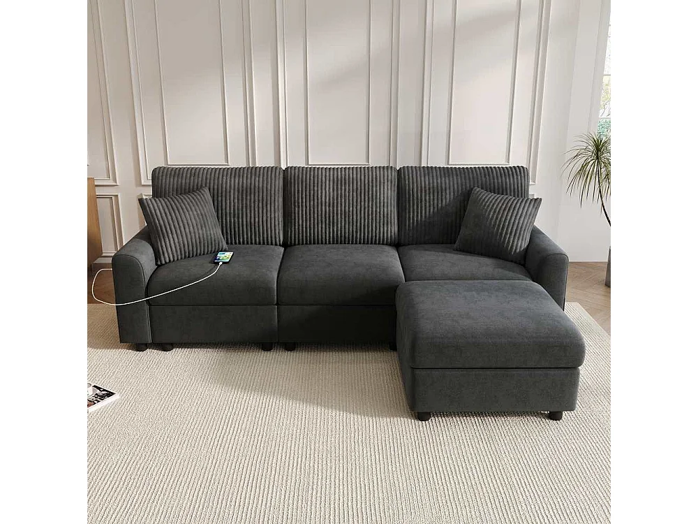 Canapé Moderne Chenille et Velours Côtelé avec Pouf USB Type-C et Coussins 223 cm