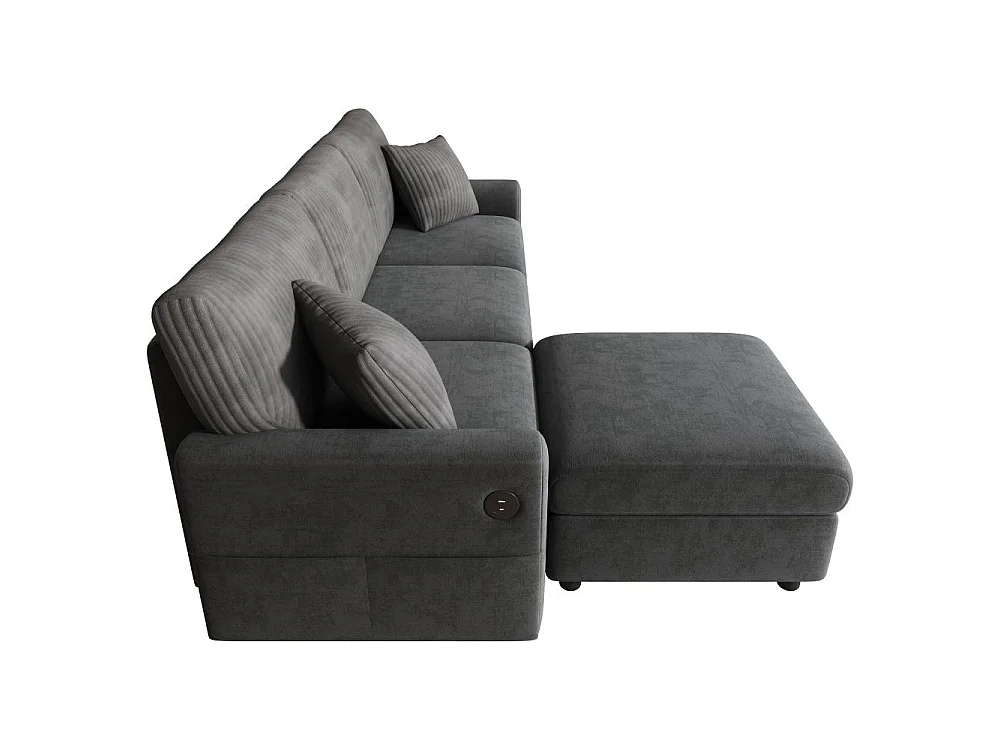 Canapé Moderne Chenille et Velours Côtelé avec Pouf USB Type-C et Coussins 223 cm