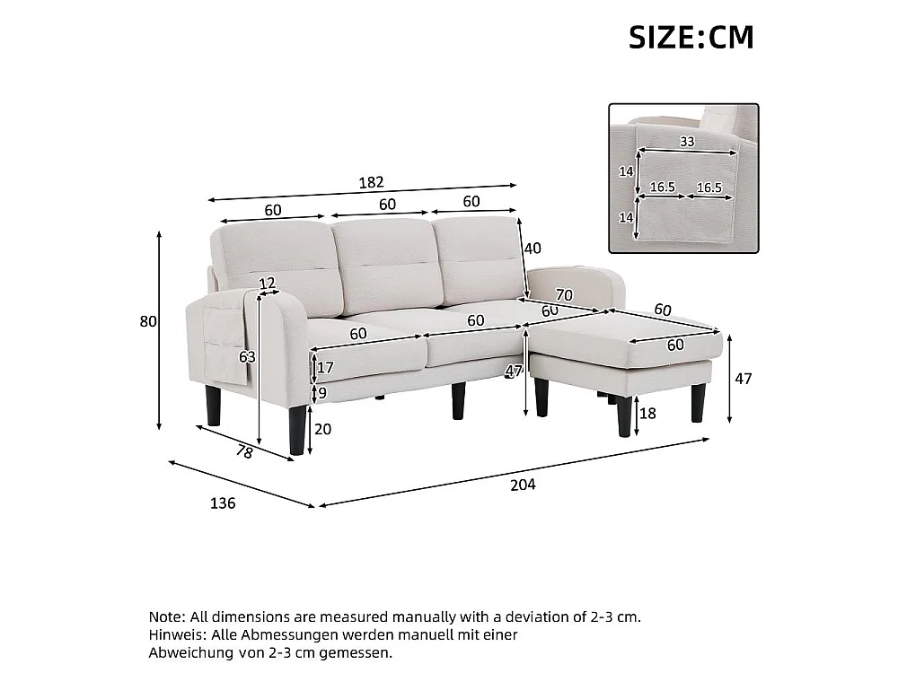 3-zits L-vormige hoek bank met chaise longue, 204 x 136 x 80 cm, modulaire woonkamerbank met opbergruimte, 3 meter, comfortabel, modern en compact