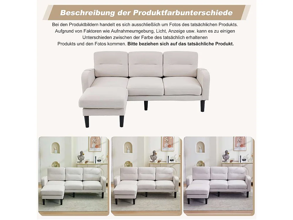 3-zits L-vormige hoek bank met chaise longue, 204 x 136 x 80 cm, modulaire woonkamerbank met opbergruimte, 3 meter, comfortabel, modern en compact