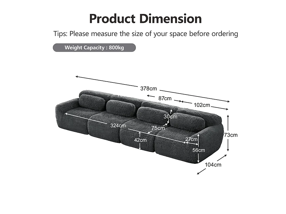 Canapé 4 Places Modulable Tissu Peluche Premium Sans Cadre Confort Cloud Mousse Haute Résilience