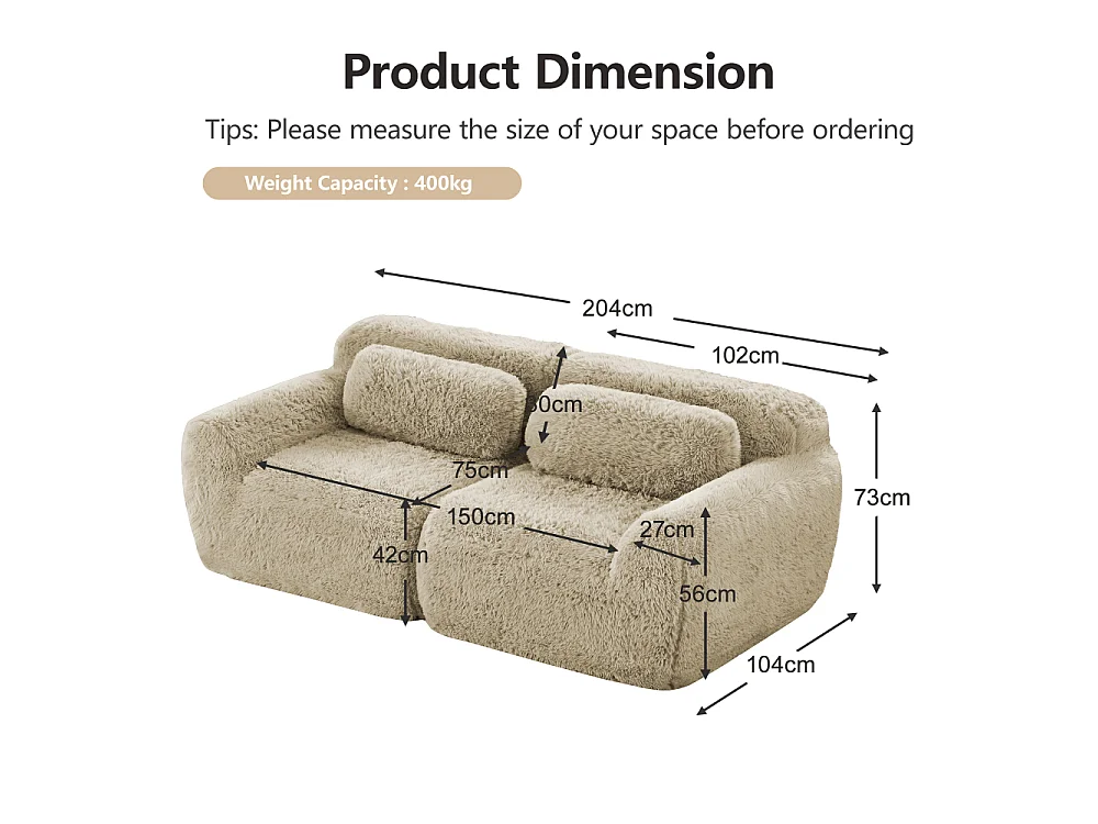 2-Sitzer, modulares, rahmenloses Sofa, Plüschstoff, 32D-Wolkenschaum, rutschfest, bequem, Wohnzimmer.