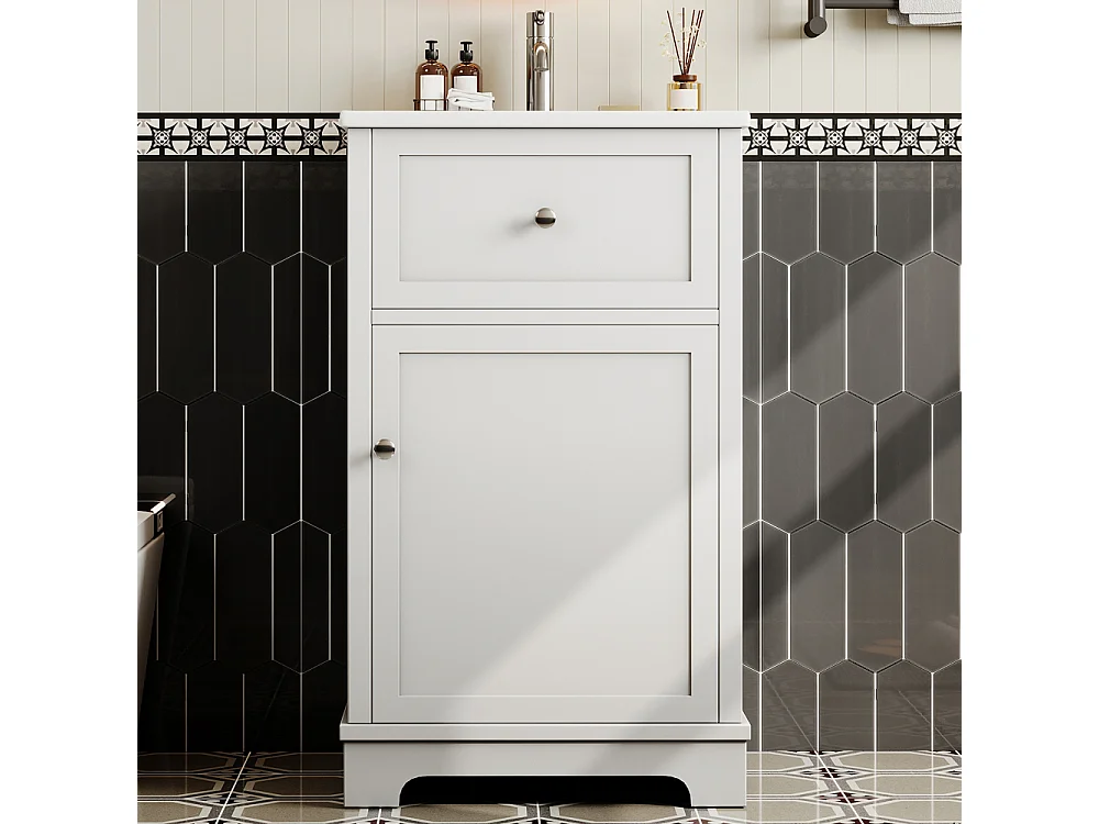 Badezimmer-Waschtischunterschrank aus weißem MDF, 51 x 46 x 87 cm, integriertes Waschbecken aus Keramik, Schublade, verstellbare Regale.
