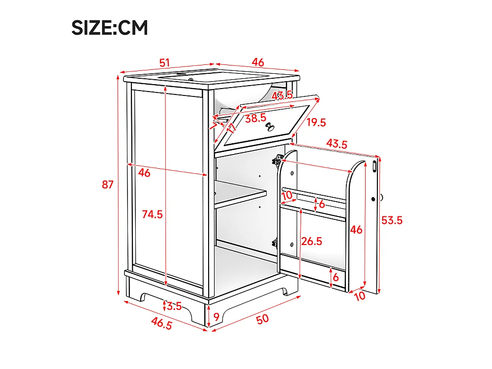 Badezimmer-Waschtischunterschrank aus weißem MDF, 51 x 46 x 87 cm, integriertes Waschbecken aus Keramik, Schublade, verstellbare Regale.