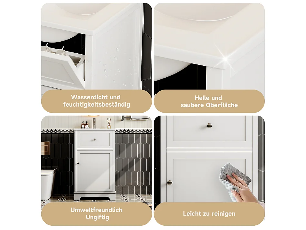 Badezimmer-Waschtischunterschrank aus weißem MDF, 51 x 46 x 87 cm, integriertes Waschbecken aus Keramik, Schublade, verstellbare Regale.