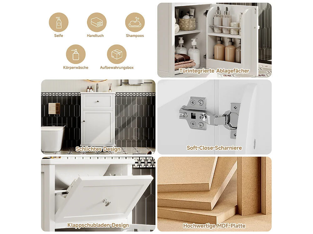 Badezimmer-Waschtischunterschrank aus weißem MDF, 51 x 46 x 87 cm, integriertes Waschbecken aus Keramik, Schublade, verstellbare Regale.